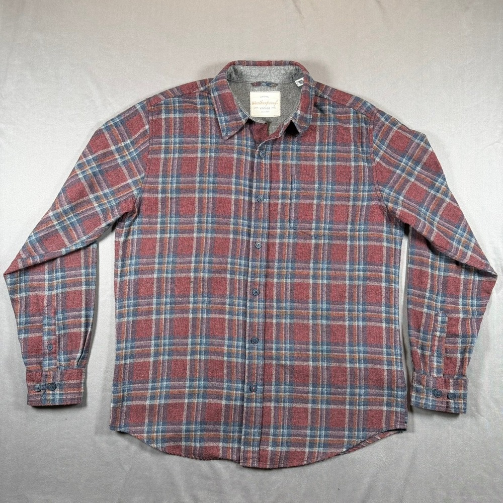 Weatherproof Vintage Mens Size M Burgundy Blue Plaid Flannel Button Down Shirt